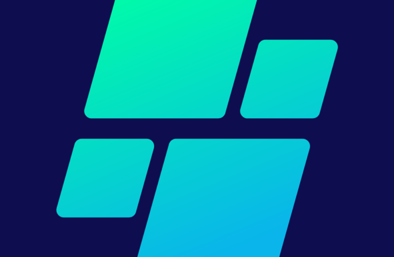 a blue and green logo on a black background