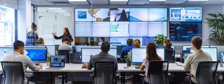 a modern office environment showcases a diverse team of professionals strategizing over digital seo tools and analytics on multiple screens, embodying the essence of online growth for construction companies.