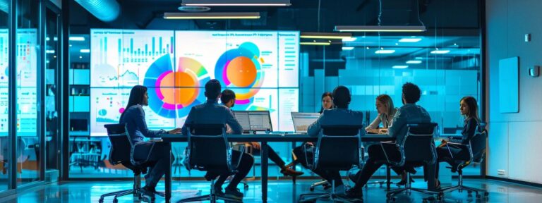 a dynamic office space featuring a sleek, modern digital marketing team engaged in a high-energy brainstorming session, illuminated by vibrant screens showcasing analytics and innovative marketing strategies.