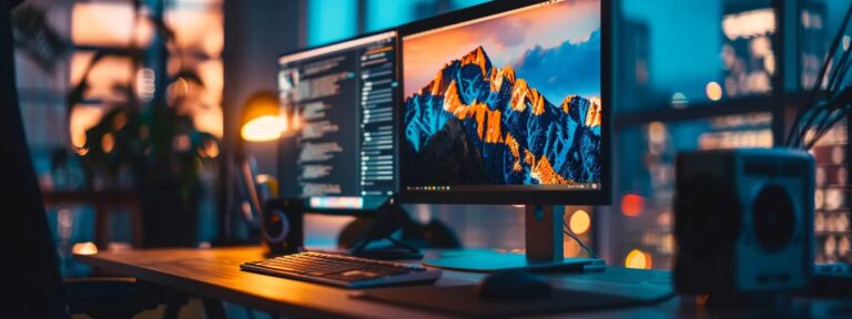 a modern office workspace features a sleek computer setup displaying a vibrant, interactive wordpress website interface, illuminated by dynamic led lights, showcasing the innovative process of website creation in 2025.