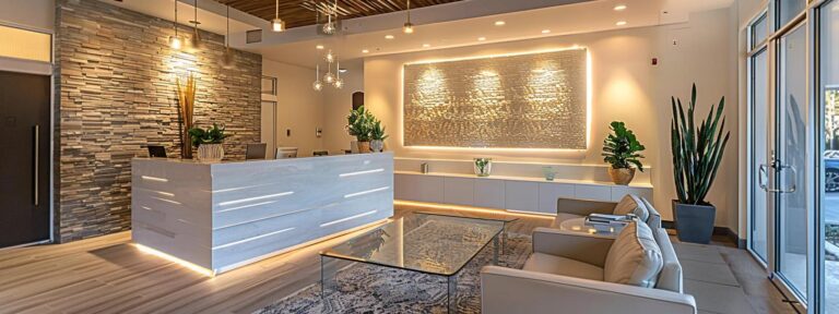a modern, sleek medspa reception area in san antonio, adorned with sophisticated decor and soft, ambient lighting, inviting clients into an atmosphere of rejuvenation and luxury.
