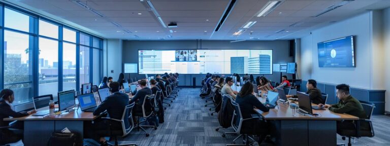a sleek dallas conference room filled with business professionals engaged in a dynamic discussion, surrounded by modern technology and data analytics presentations that highlight the top seo challenges and strategies for effective solutions.
