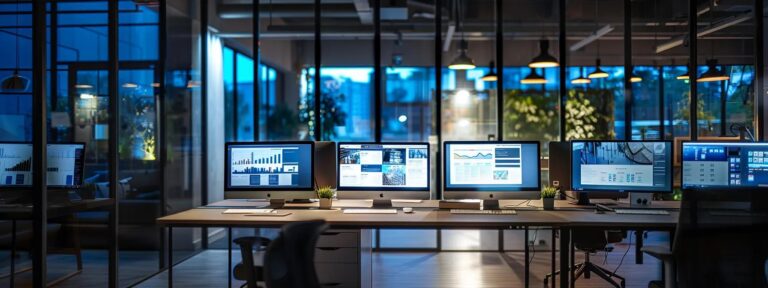 a sleek, modern office environment featuring multiple computer screens displaying various engaging small business website designs, illuminated by soft, focused lighting that emphasizes the creativity and innovation of the digital landscape.