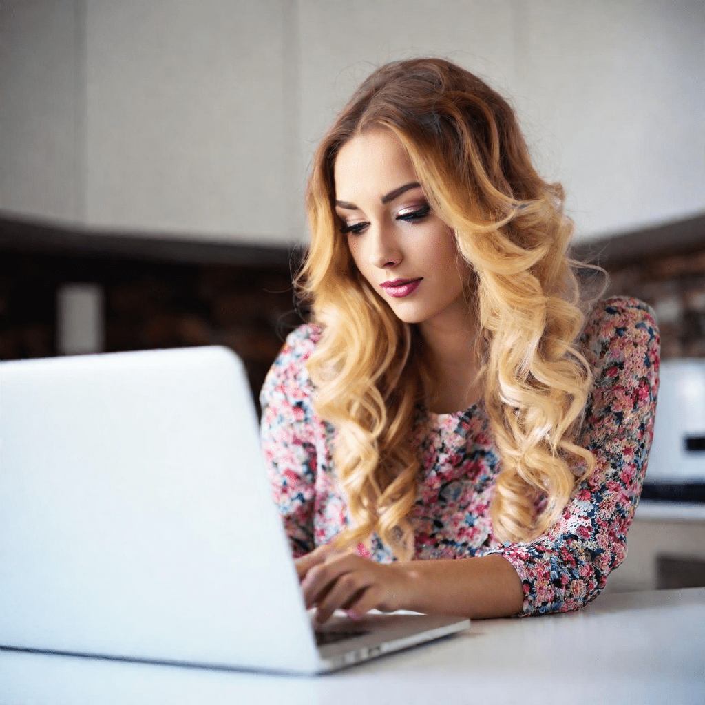 a woman sitting at a table with a laptop