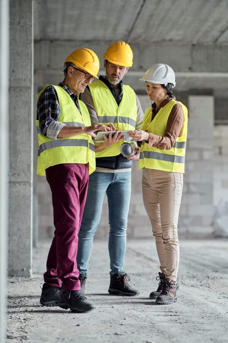 Seo for construction 2 seo, web design & marketing agency town press media Three caucasian engineers discussing together on the construction site