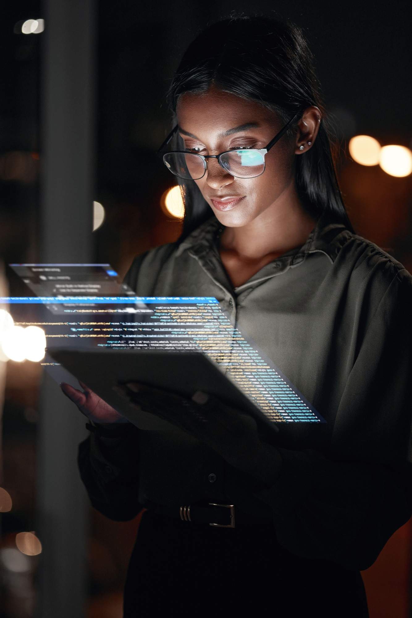 Website design & development 1 seo, web design & marketing agency Woman, tablet and hologram at night in web design with dashboard, interface or hud display at the o